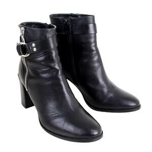 The White Company BLACK GENUINE LEATHER HIGH HEEL BELTED ZIP ANKLE BOOTS Size 38